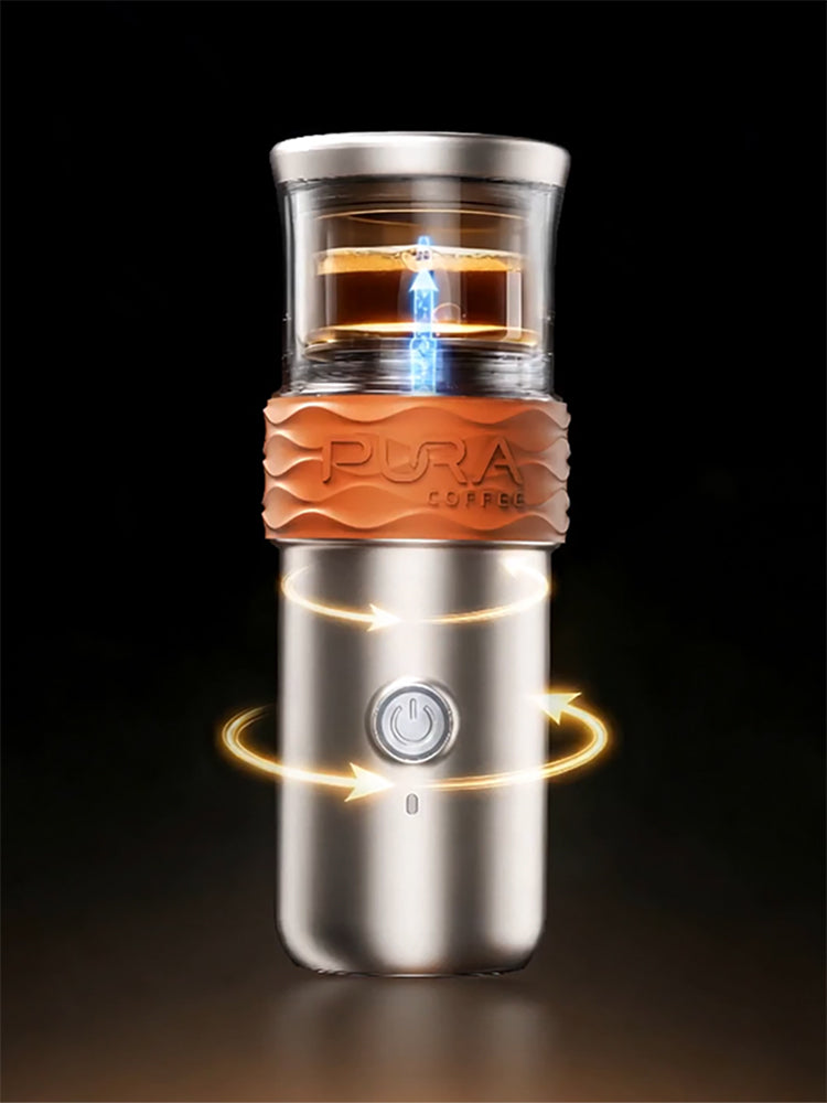 Upward extraction diagram: espresso rising through the transparent chamber of the PURA NEO Pro