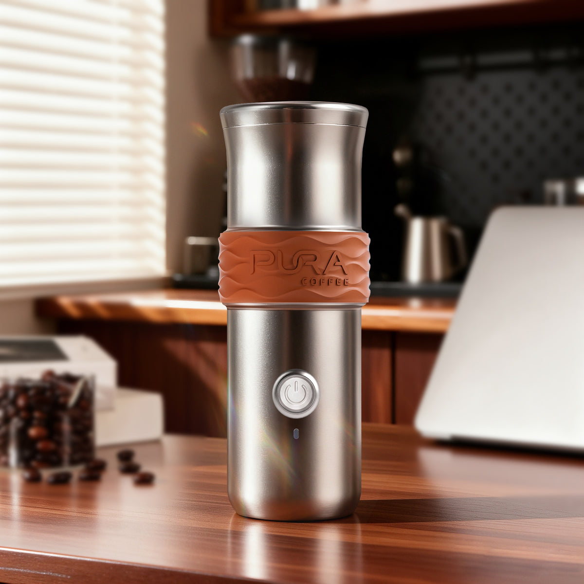 PURA NEO Pro portable espresso machine in a home kitchen with roasted coffee beans