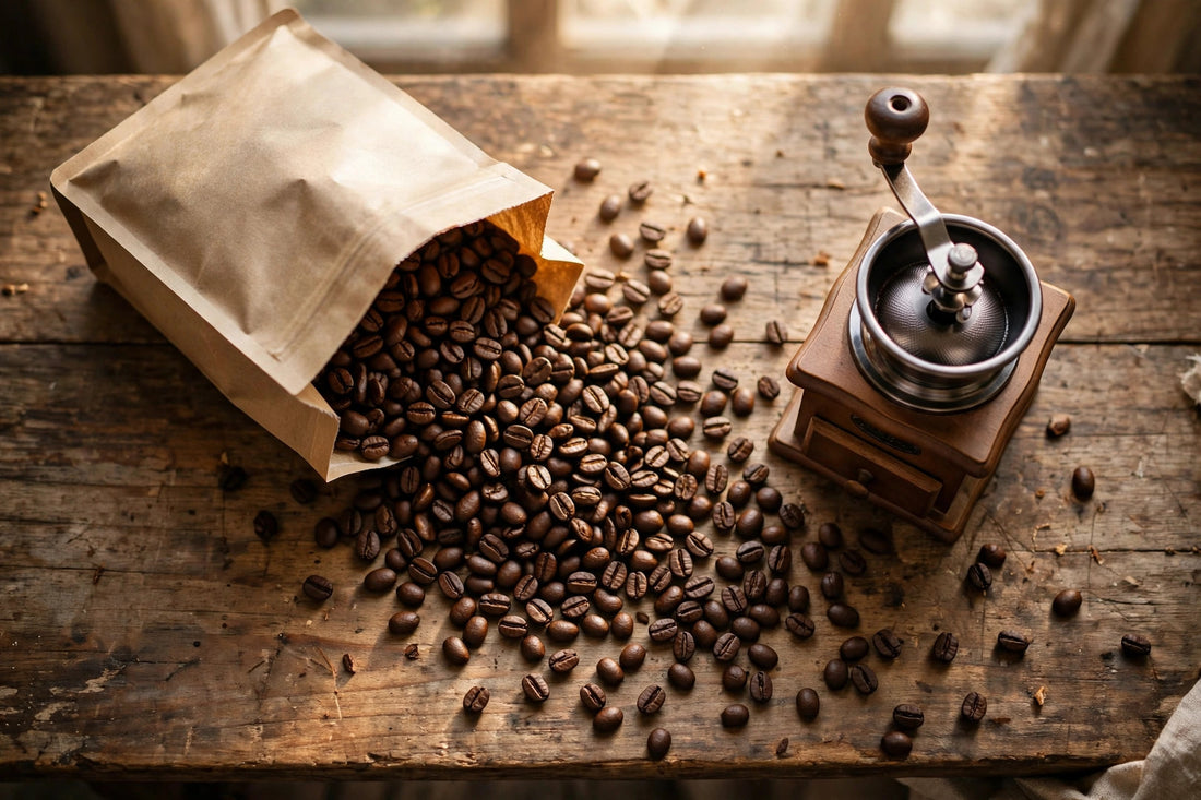 Freshly roasted whole coffee beans spilling from a kraft bag beside a manual grinder