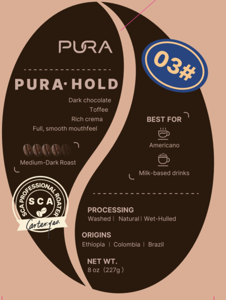PURA Hold 03# product card — flavor notes, origins, net weight