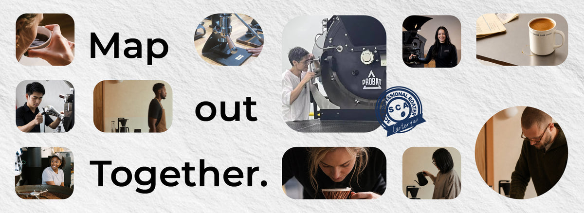 Map out Together: collage of roasters and baristas at work with Probat roasters and brewed coffee