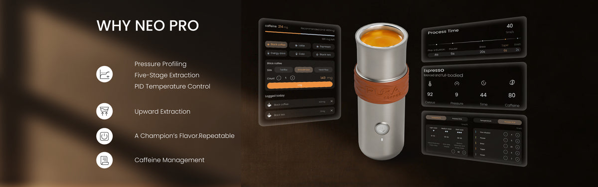 Why PURA NEO Pro: portable espresso machine with the Brew OS app showing pressure profiling, five-stage extraction and caffeine management