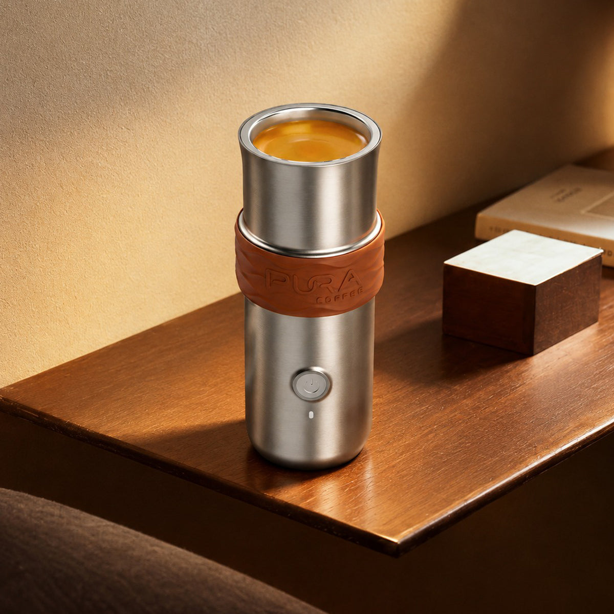 PURA NEO Pro portable espresso machine with fresh espresso, studio product shot