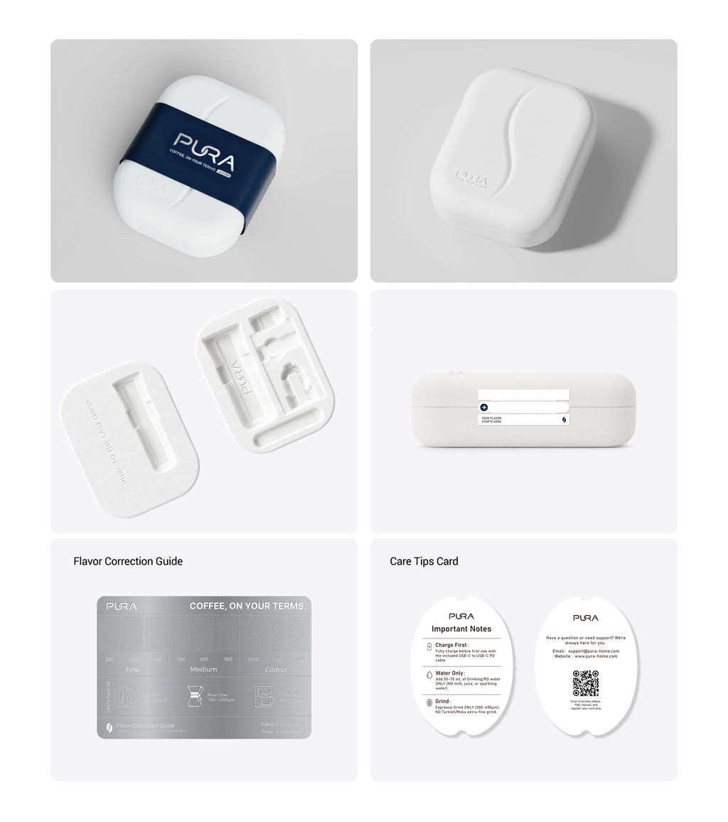 PURA NEO Pro travel case — protective shell, molded inserts, flavor correction guide and care cards