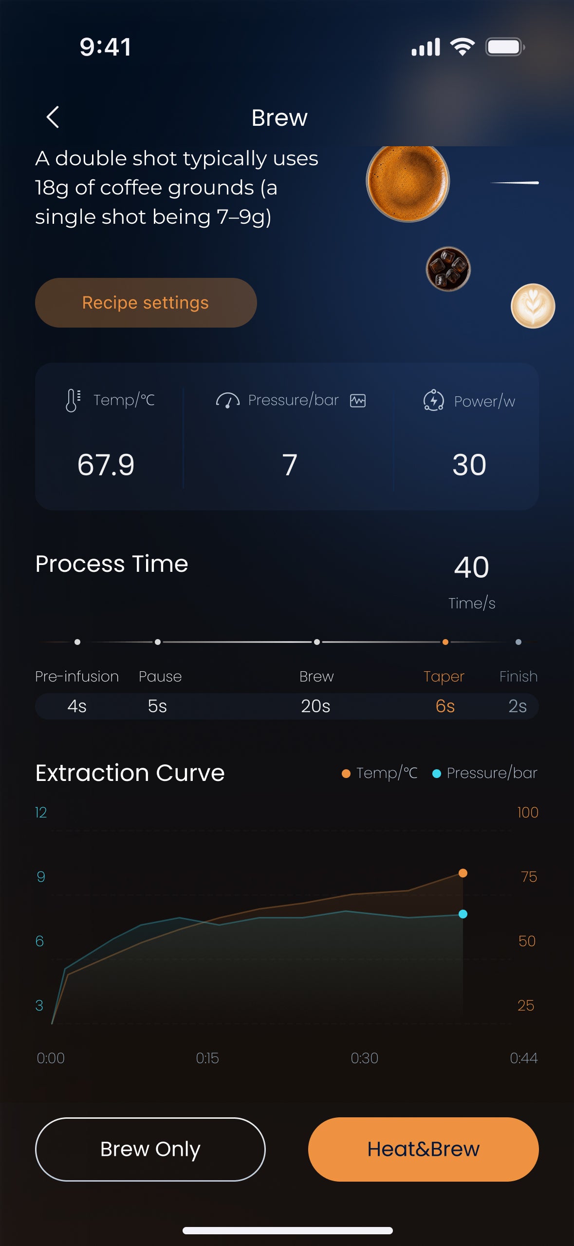 Brew OS app screen showing a multi-stage extraction curve