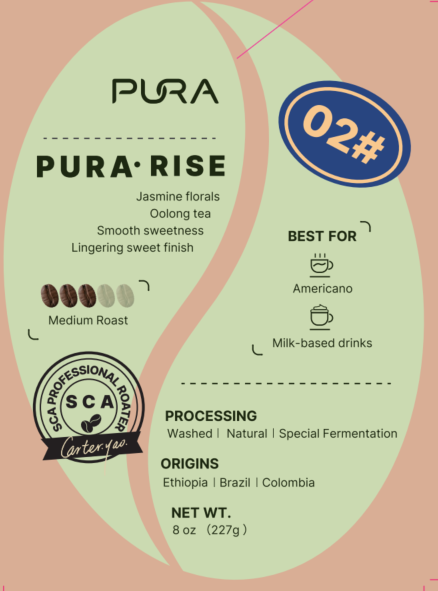 PURA Rise 02# product card — flavor notes, origins, net weight