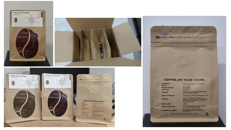 PURA coffee pouches and shipping carton
