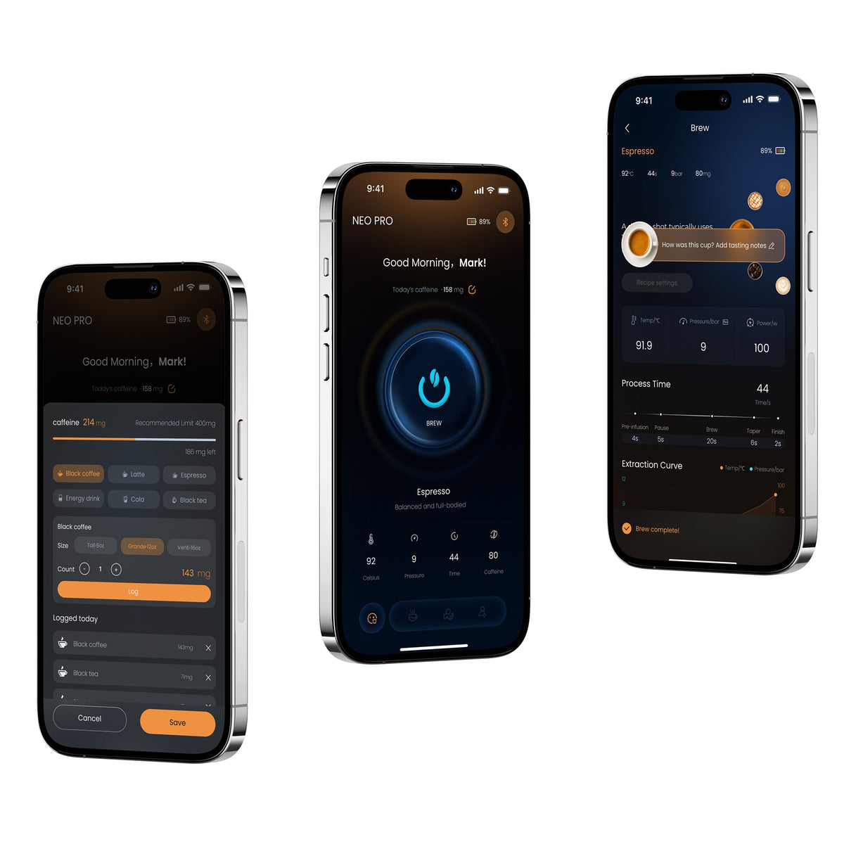 Brew OS app on three phones: caffeine tracking, brew control and the extraction curve